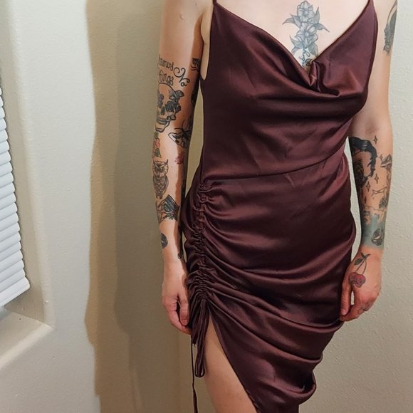 Sexy Lyaner Brown Satin Feel Cowl Neck Sleeveless with Adjustable Ruching Side - Picture 1 of 8